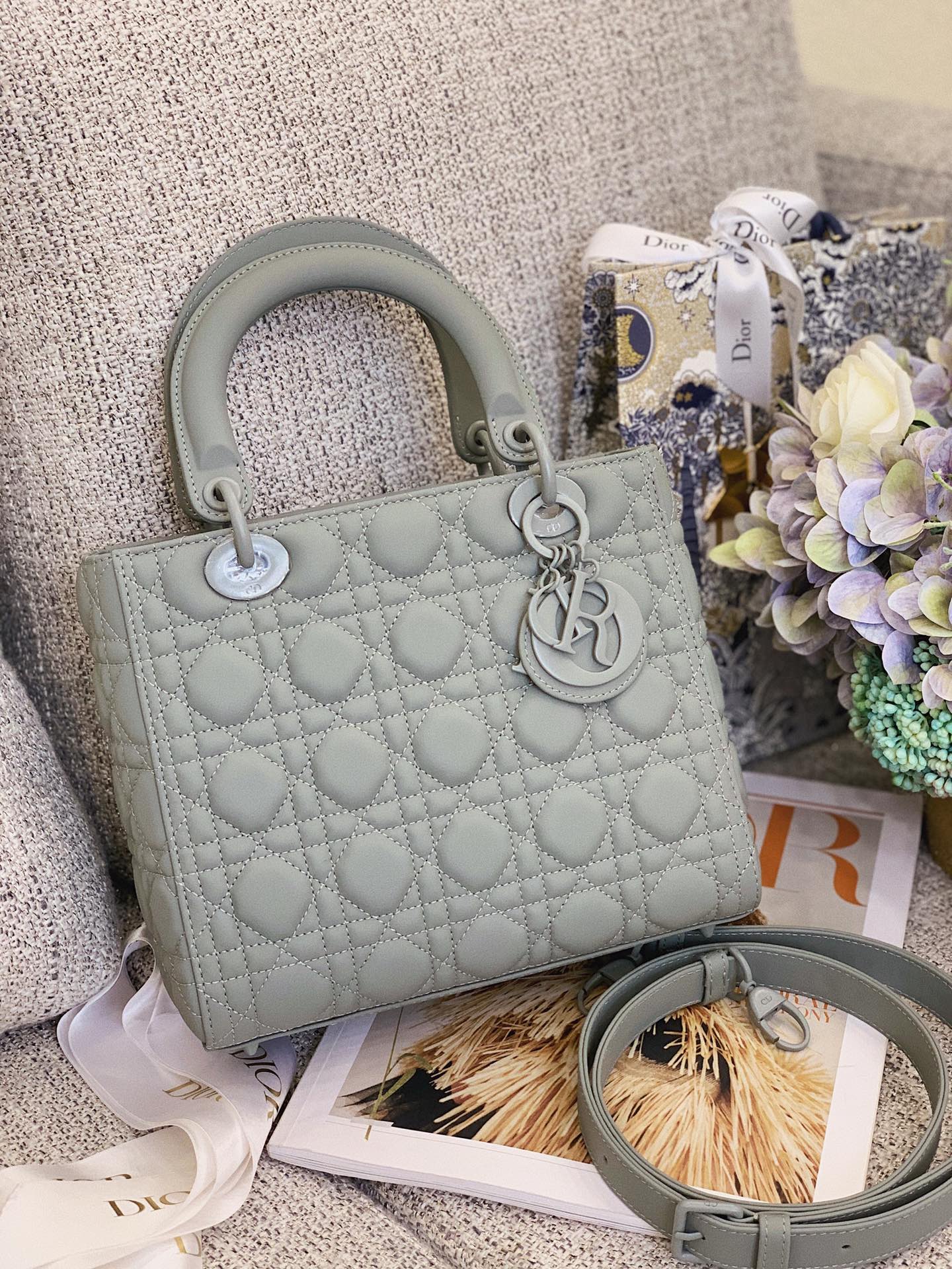 Replica Dior Medium Lady Dior Bag Green Ultramatte Cannage Calfskin