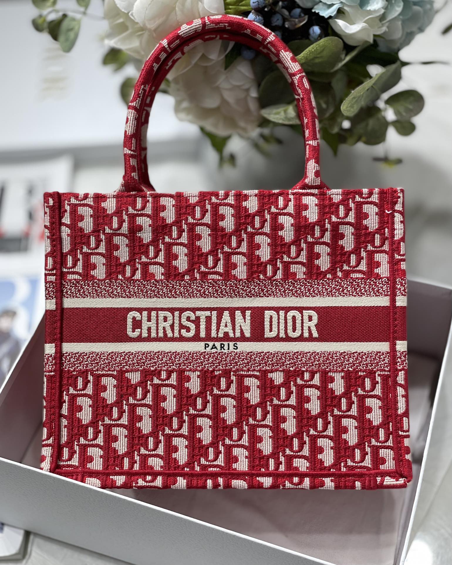 Replica Dior New Size Book Tote 26.5CM Burgundy Dior Oblique Jacquard