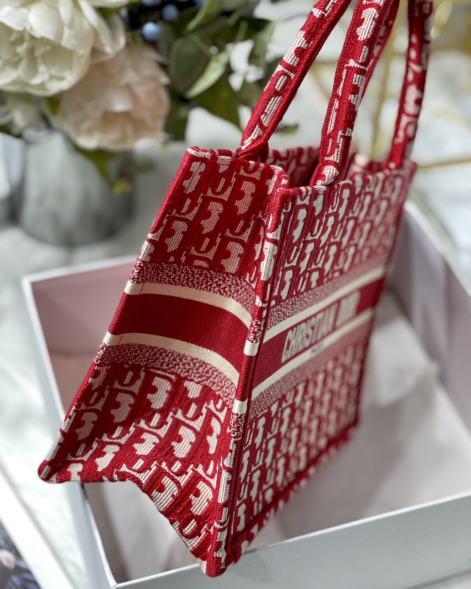 Replica Dior New Size Book Tote 26.5CM Burgundy Dior Oblique Jacquard