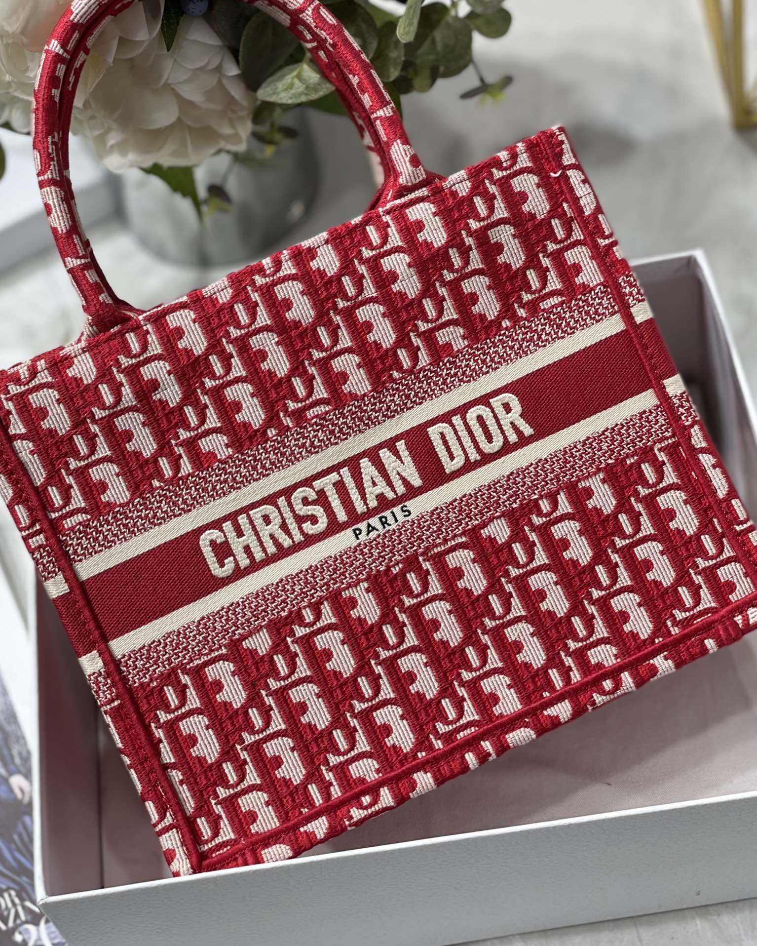 Replica Dior New Size Book Tote 26.5CM Burgundy Dior Oblique Jacquard