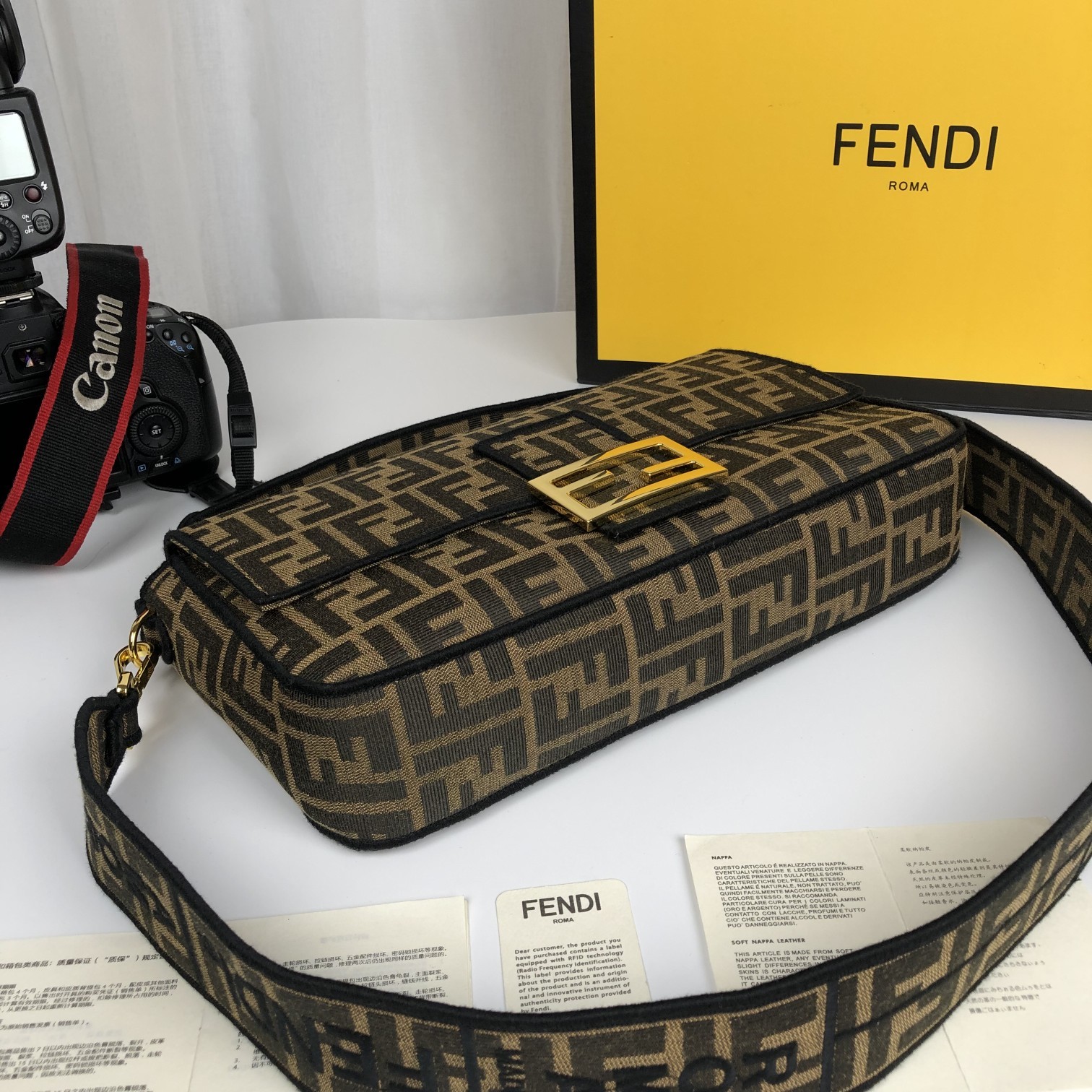 Replica Fendi Baguette Brown Fabric Large Bag with Flap and FF Fastening with Magnetic Clasp