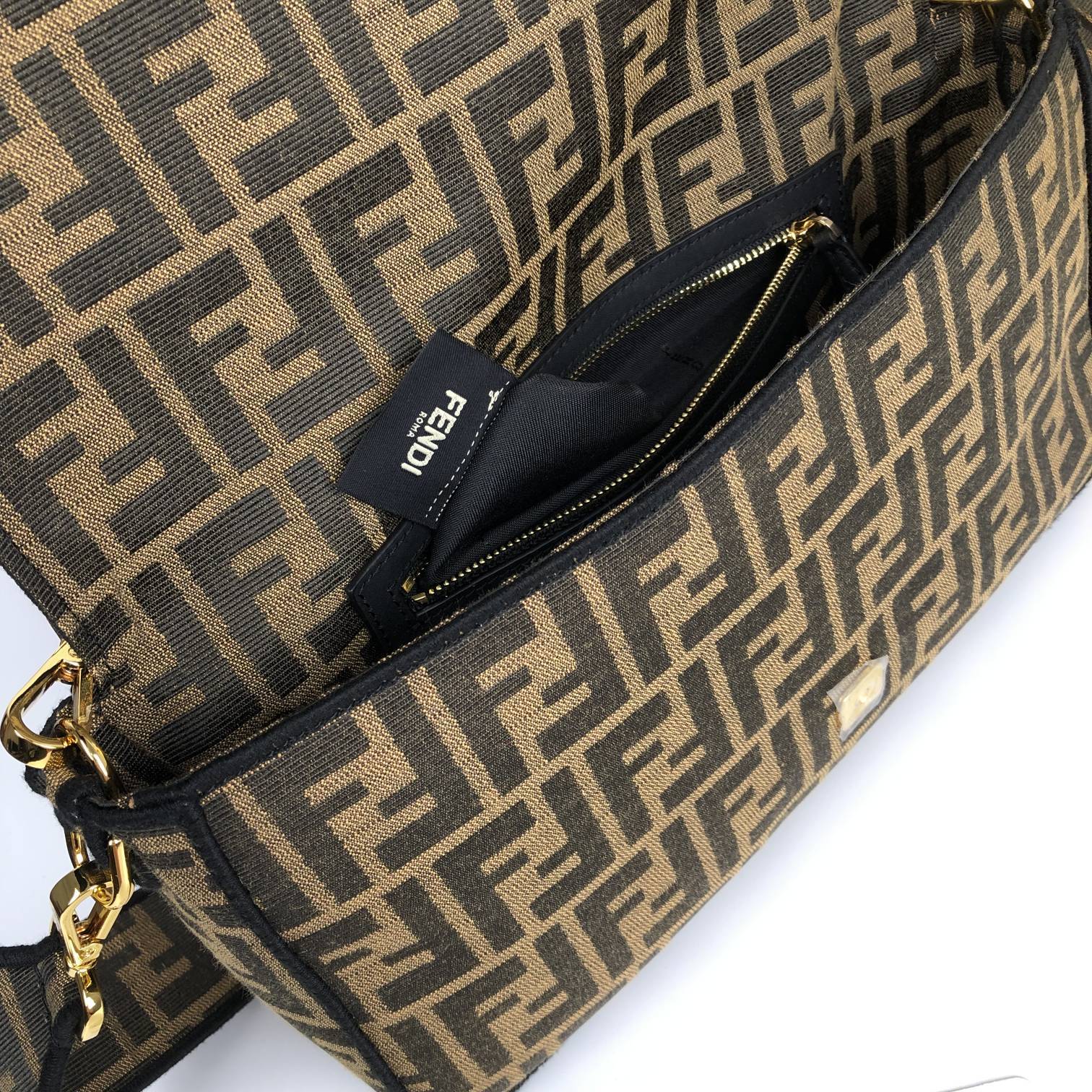 Replica Fendi Baguette Brown Fabric Large Bag with Flap and FF Fastening with Magnetic Clasp