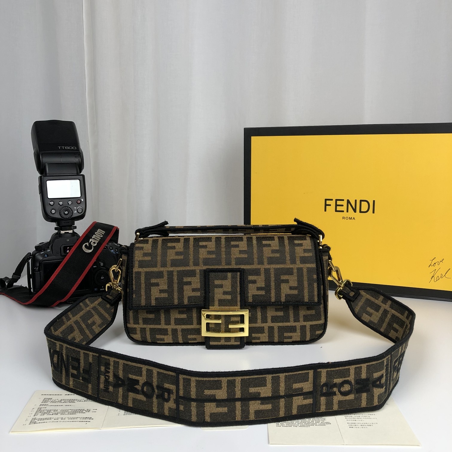 Replica Fendi Baguette Brown Fabric Medium Bag with Flap and FF Fastening with Magnetic Clasp