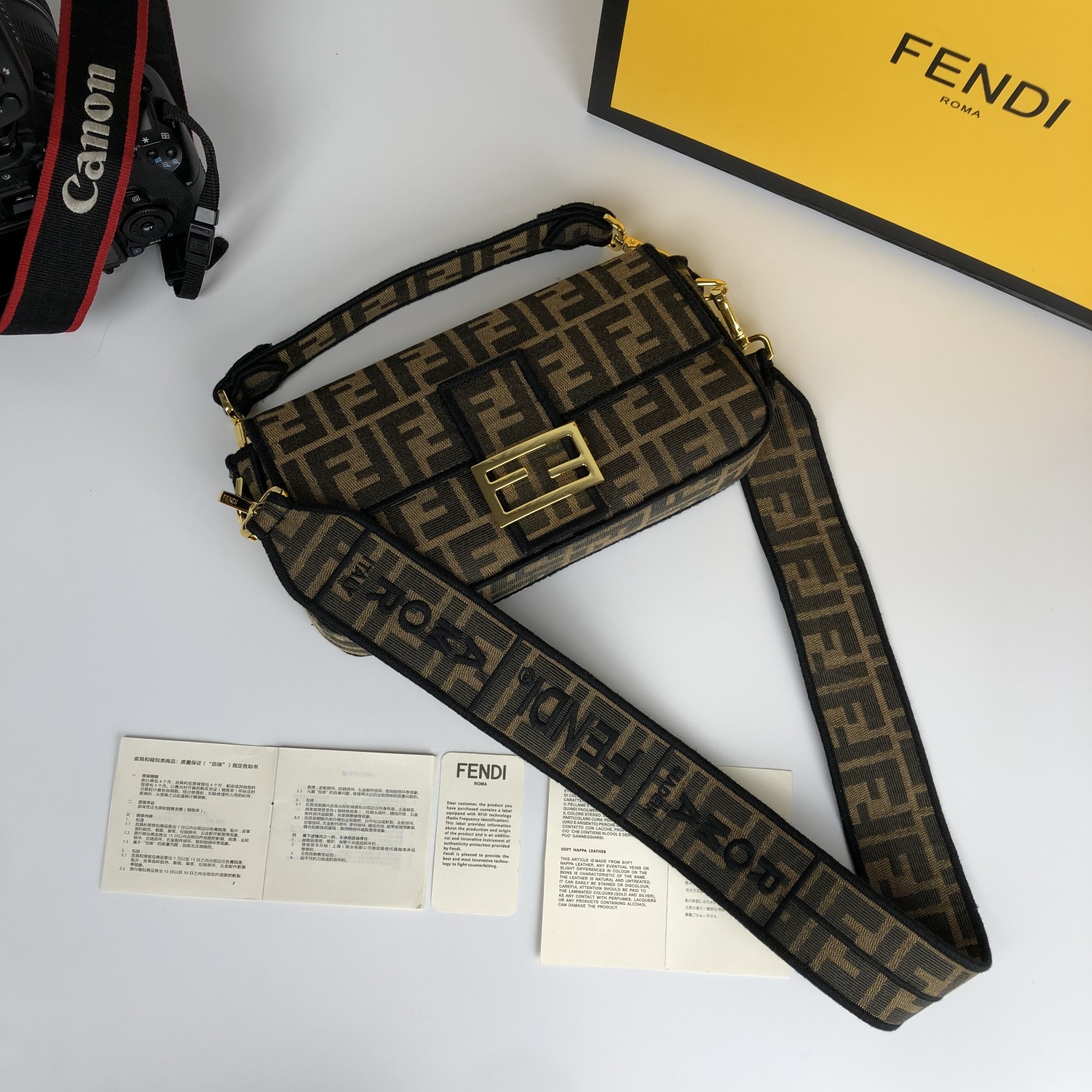 Replica Fendi Baguette Brown Fabric Medium Bag with Flap and FF Fastening with Magnetic Clasp