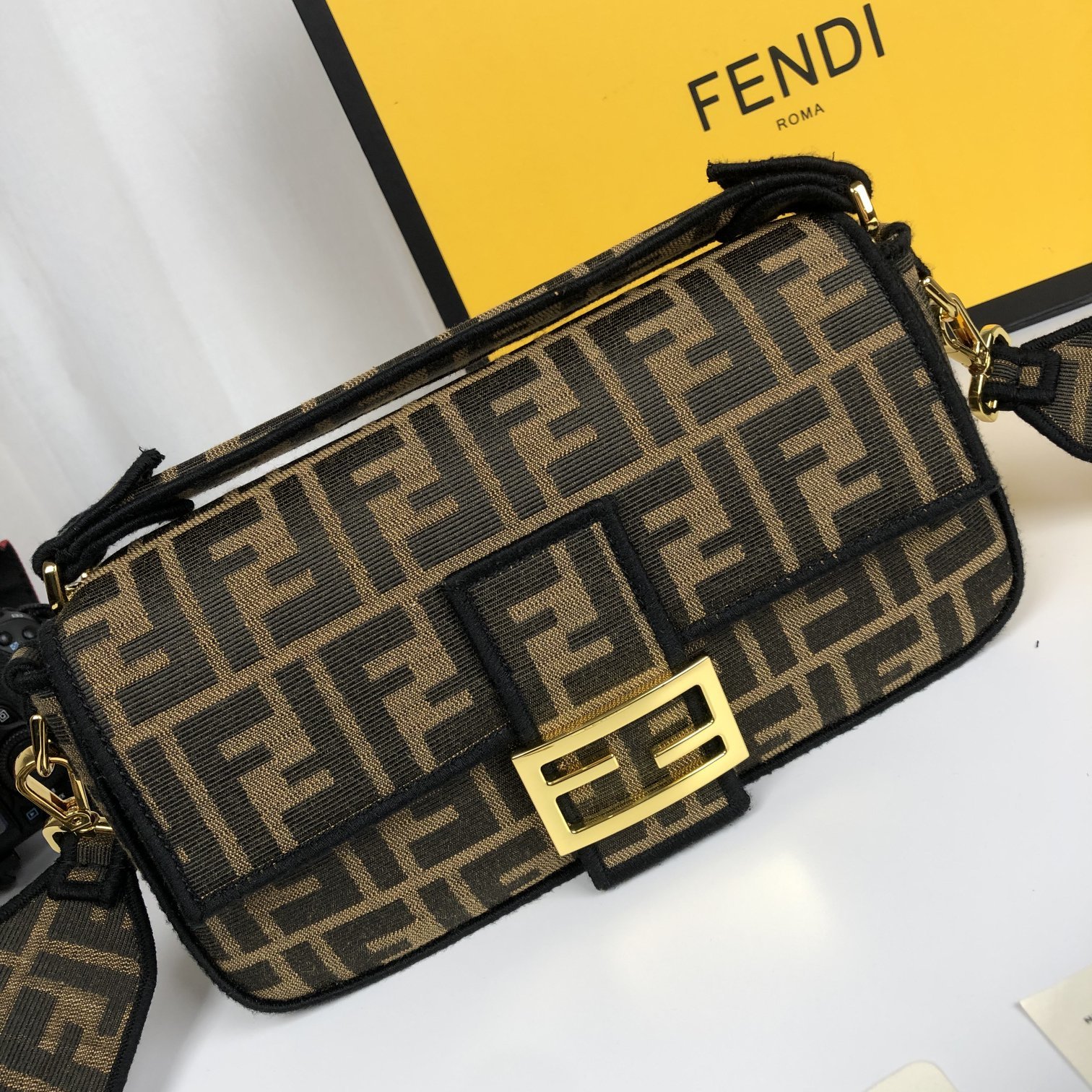 Replica Fendi Baguette Brown Fabric Medium Bag with Flap and FF Fastening with Magnetic Clasp