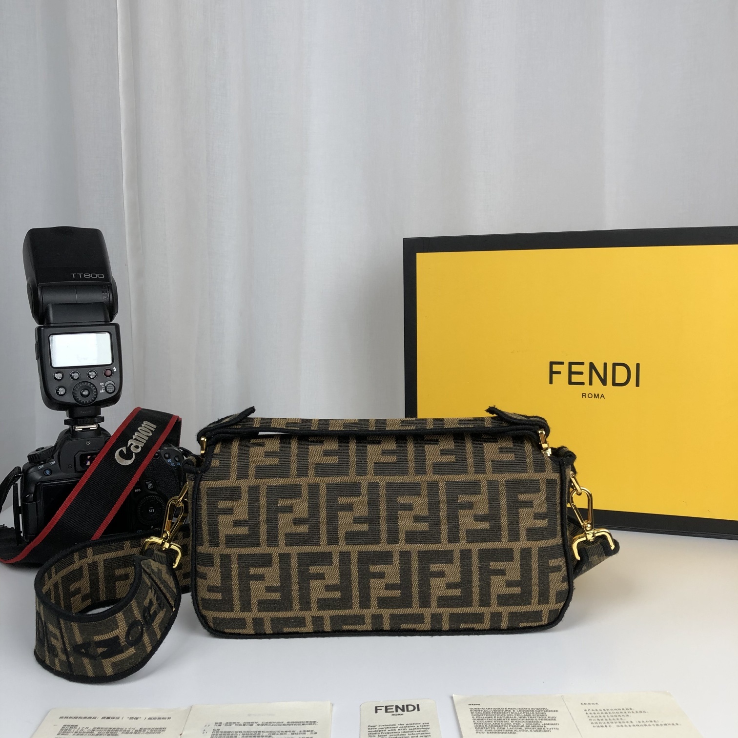 Replica Fendi Baguette Brown Fabric Medium Bag with Flap and FF Fastening with Magnetic Clasp