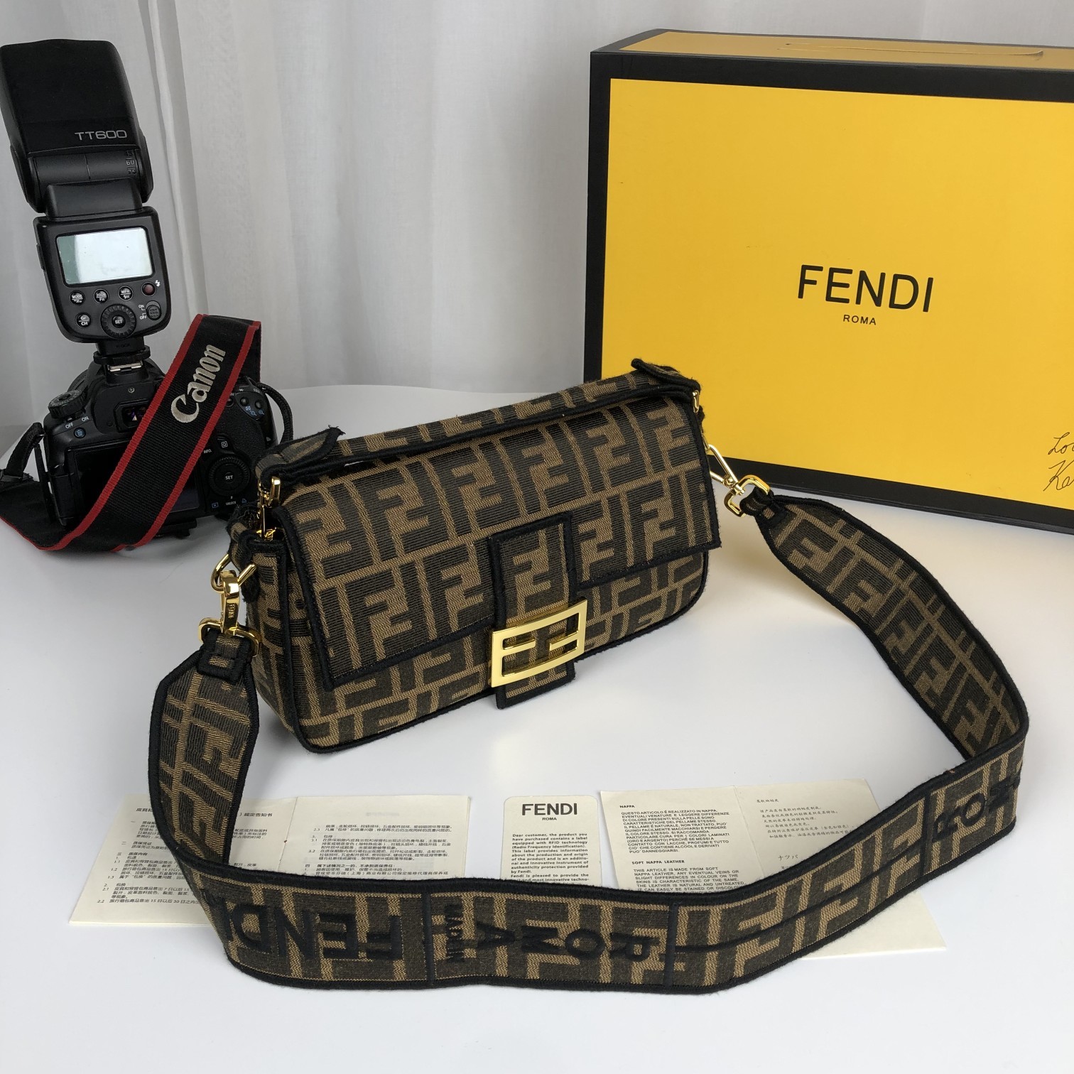 Replica Fendi Baguette Brown Fabric Medium Bag with Flap and FF Fastening with Magnetic Clasp