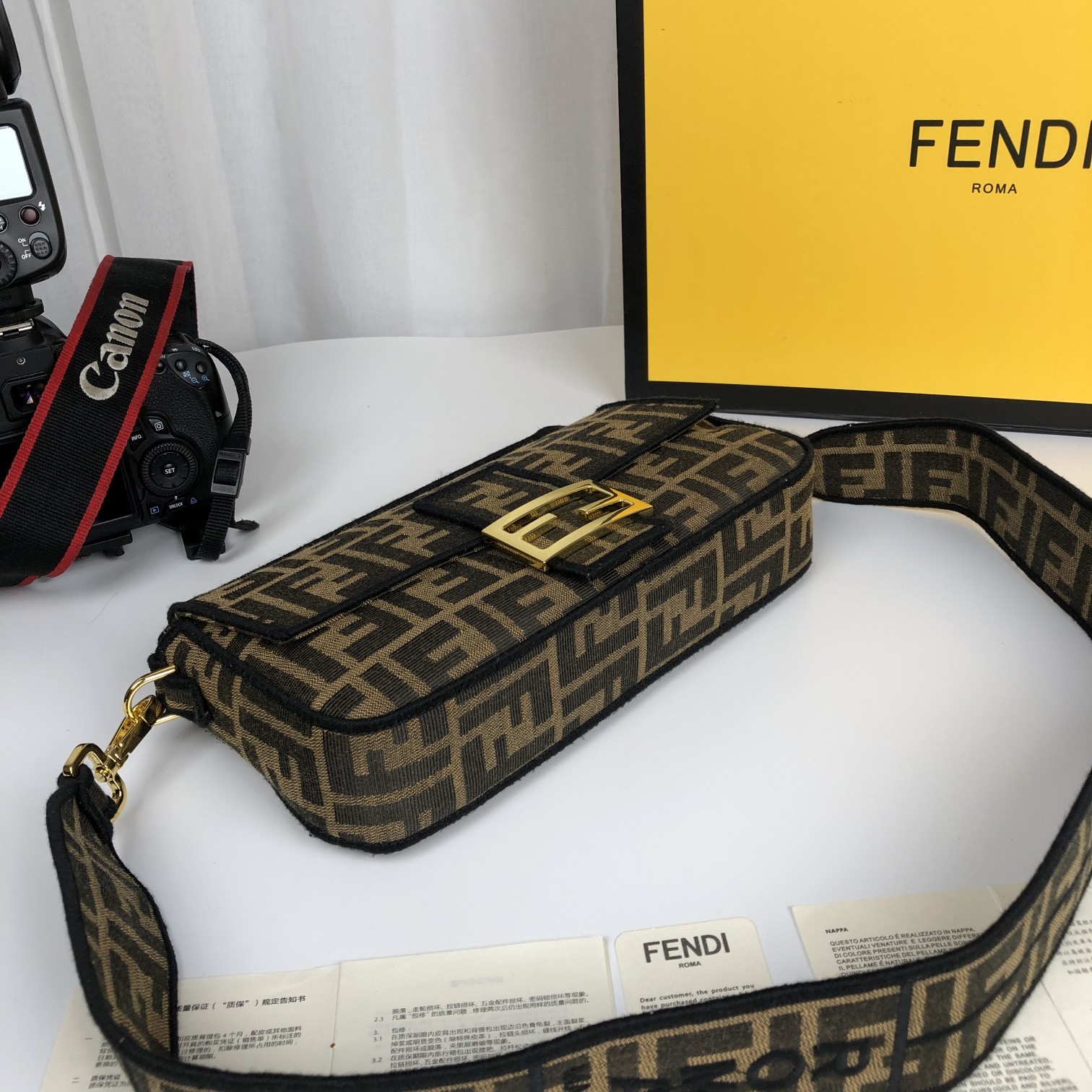 Replica Fendi Baguette Brown Fabric Medium Bag with Flap and FF Fastening with Magnetic Clasp