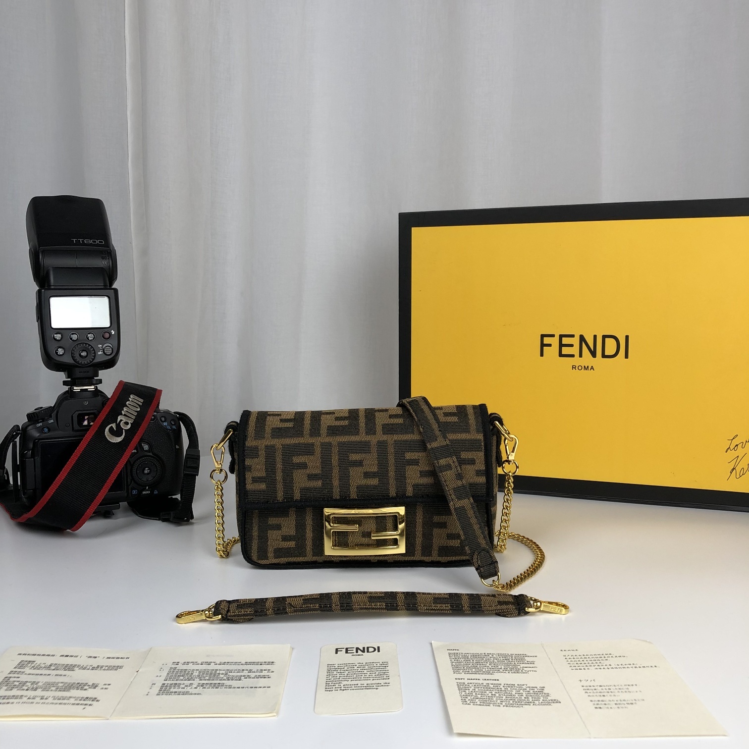 Replica Fendi Baguette Brown Fabric Small Bag with Flap and FF Fastening with Magnetic Clasp