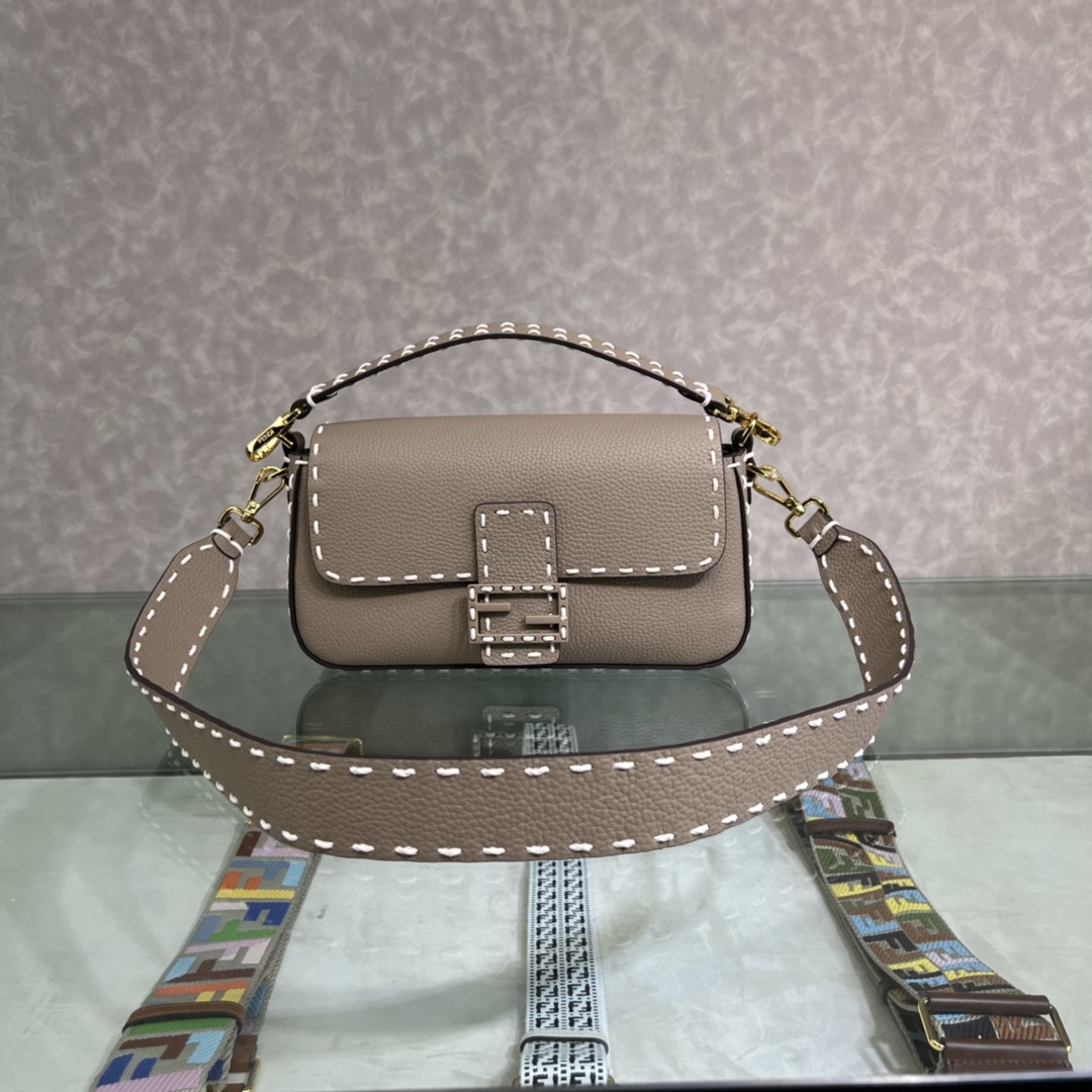 Replica Fendi Baguette Gray Full Grain Leather Bag with Hand Stitching and Decorated with an FF Clasp Price Online