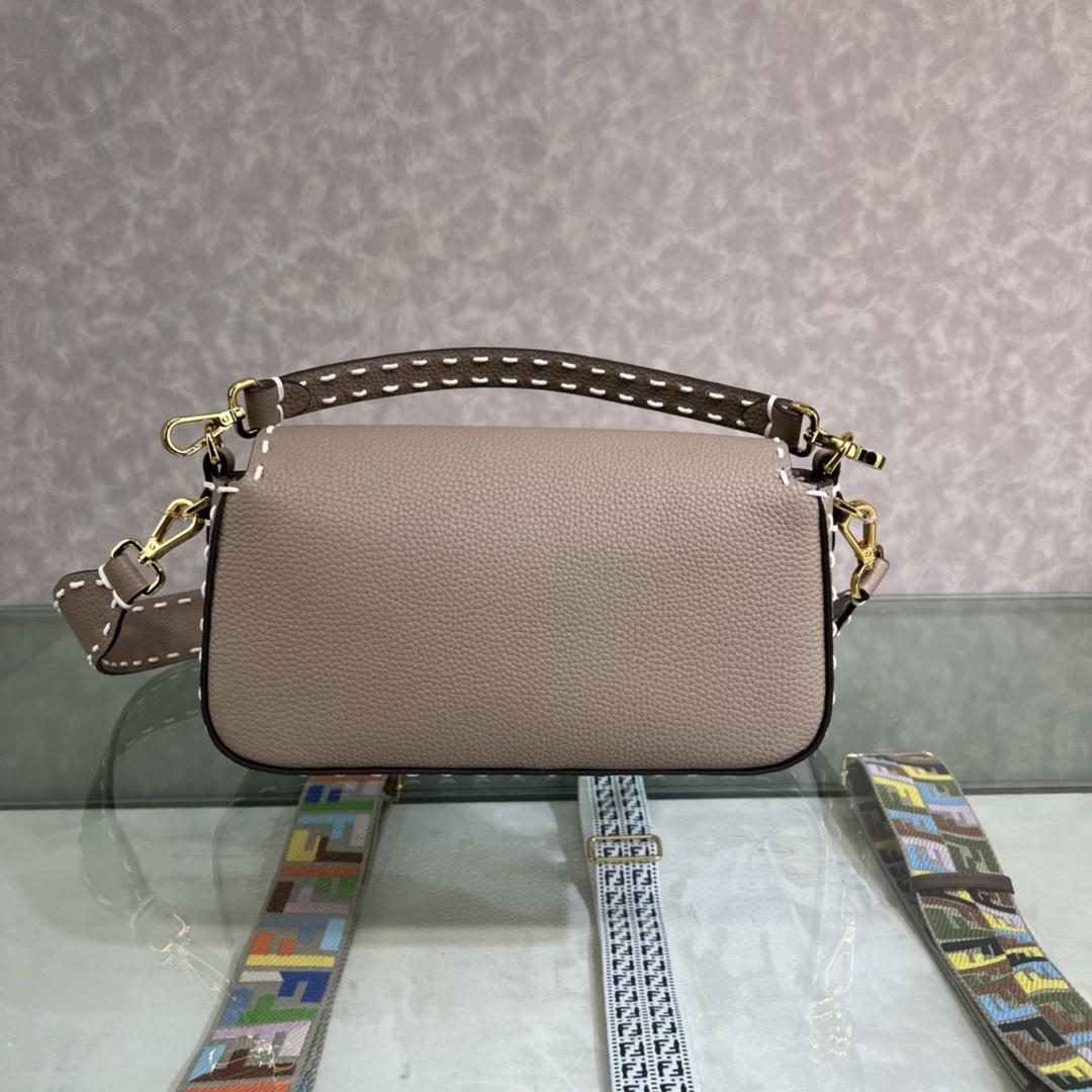 Replica Fendi Baguette Gray Full Grain Leather Bag with Hand Stitching and Decorated with an FF Clasp Price Online