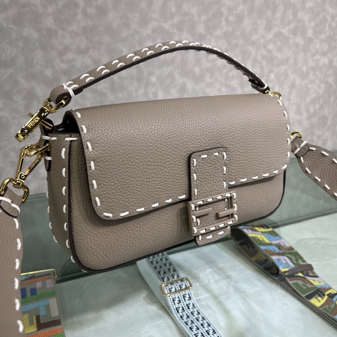 Replica Fendi Baguette Gray Full Grain Leather Bag with Hand Stitching and Decorated with an FF Clasp Price Online