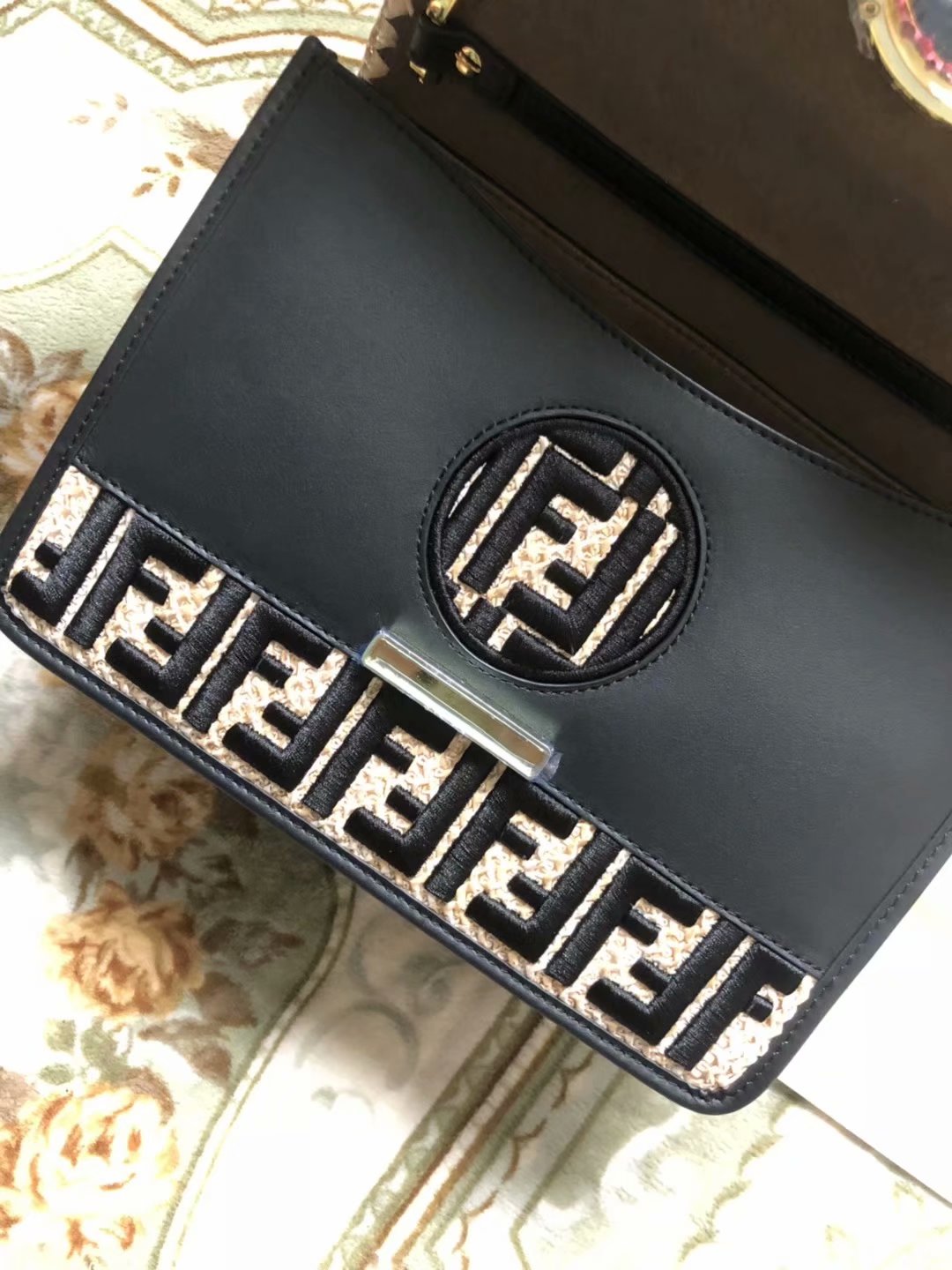 Replica Fendi KAN I LOGO Women Black Leather Bag with Exotic Details