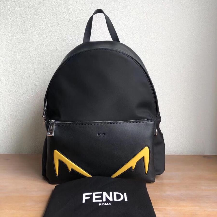 Replica Fendi Men Black Leather Backpack with Yellow Embossed Diabolic Eyes