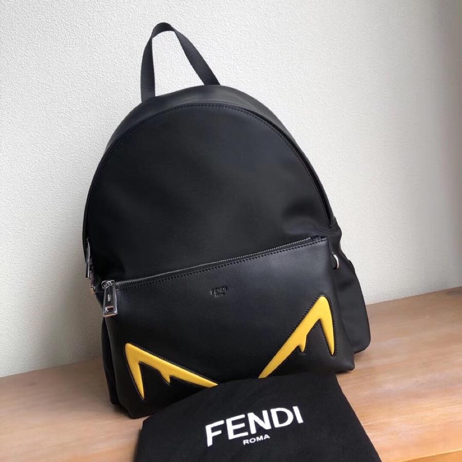 Replica Fendi Men Black Leather Backpack with Yellow Embossed Diabolic Eyes