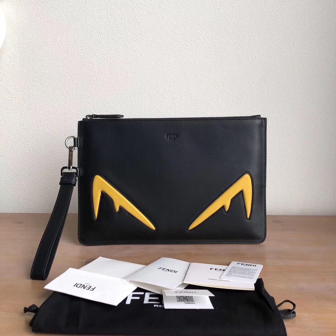 Replica Fendi Men Black Leather Pouch with Yellow Embossed Diabolic Eyes