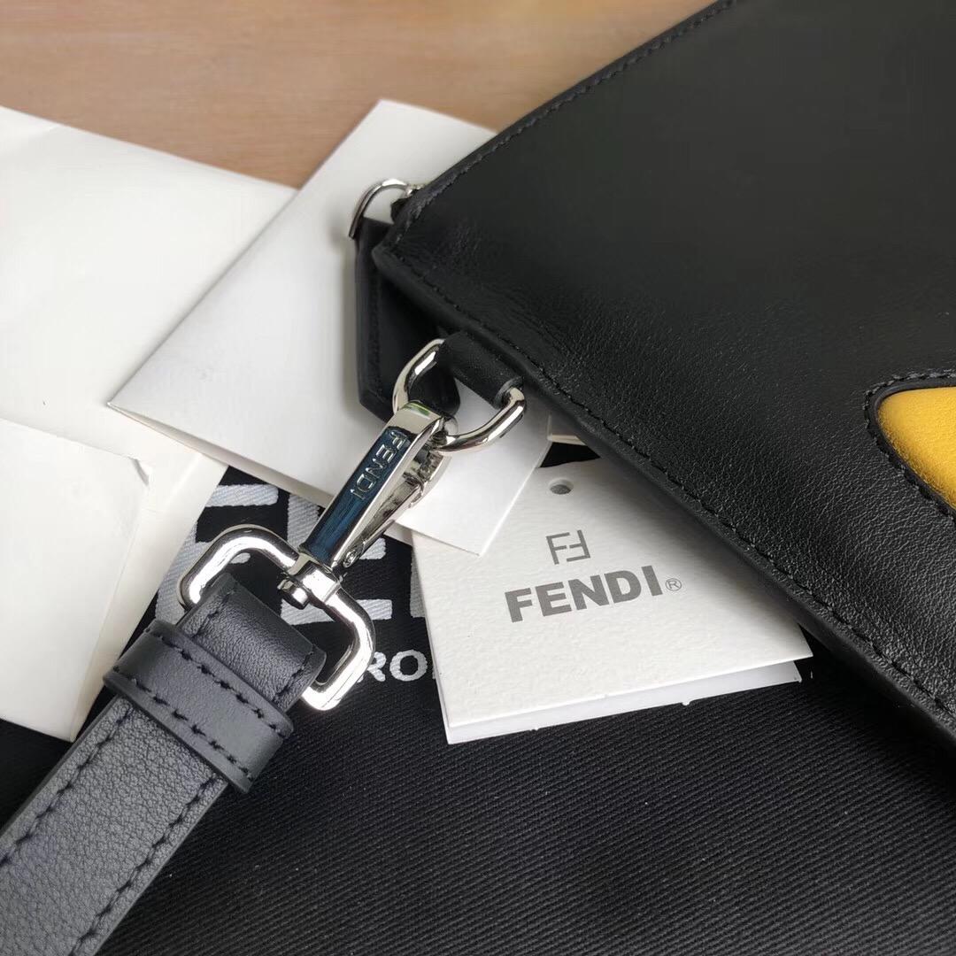 Replica Fendi Men Black Leather Pouch with Yellow Embossed Diabolic Eyes