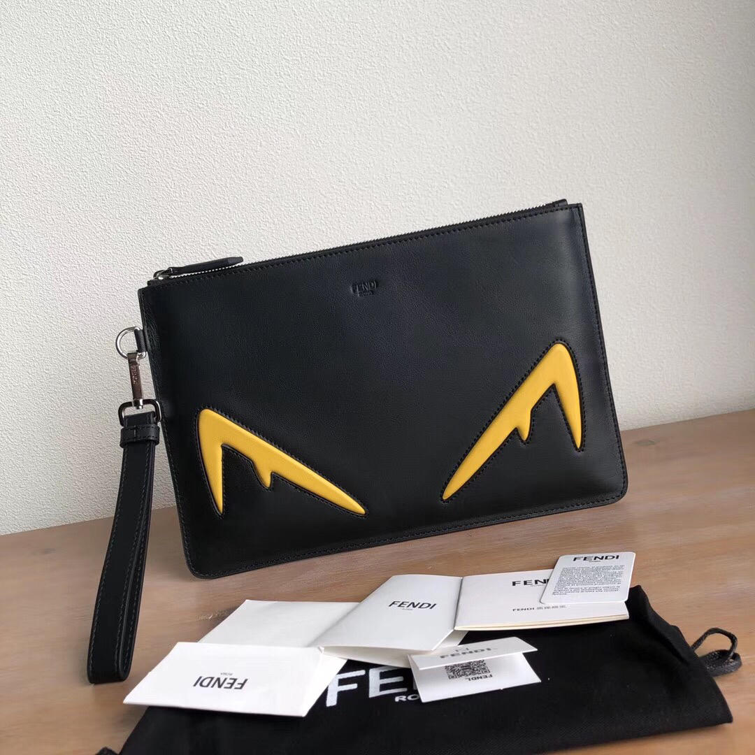 Replica Fendi Men Black Leather Pouch with Yellow Embossed Diabolic Eyes