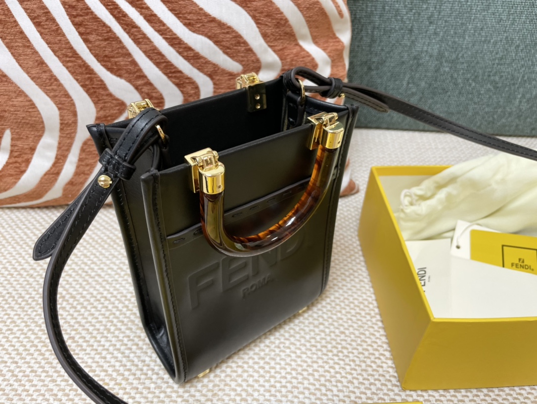 Replica Fendi Mini Sunshine Shopper Bag Black Leahter with FENDI ROMA