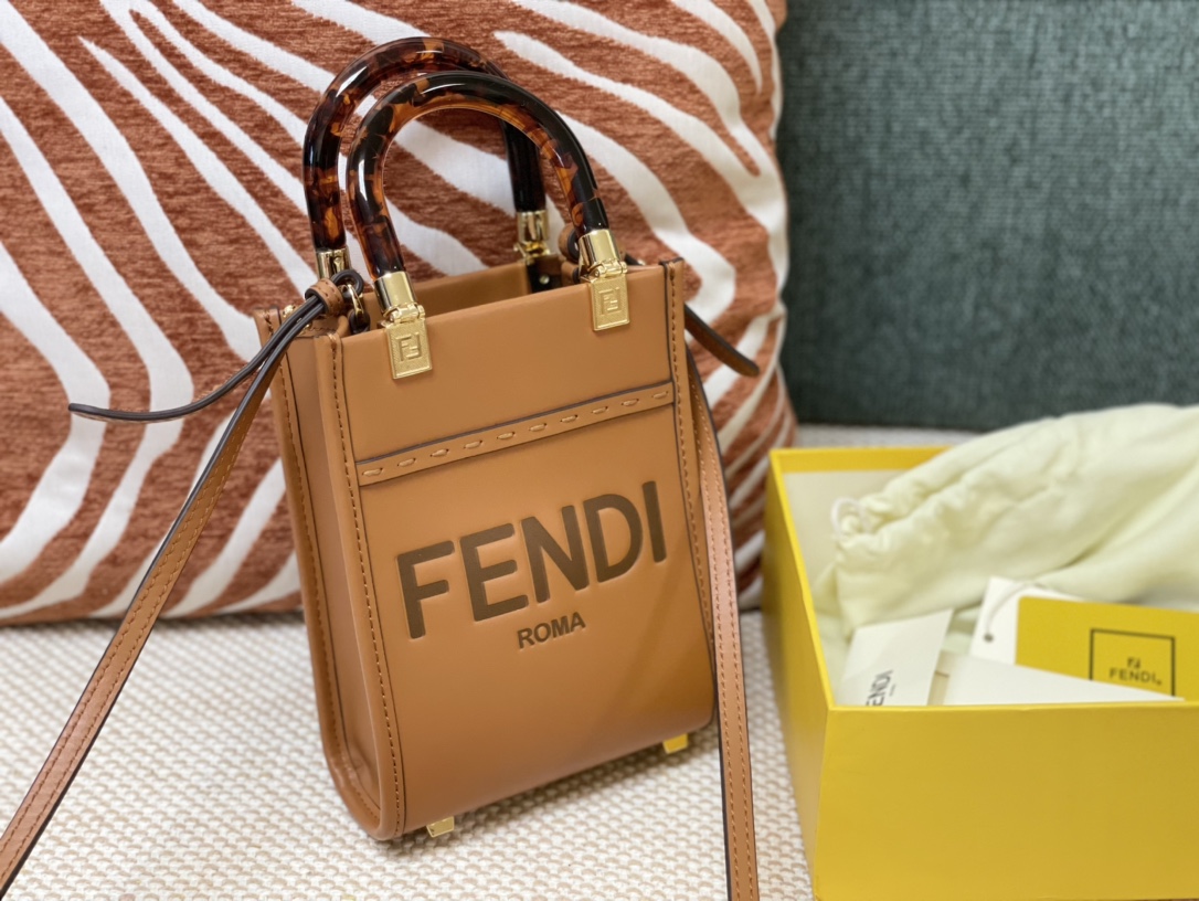 Replica Fendi Mini Sunshine Shopper Bag Brown Leahter with FENDI ROMA