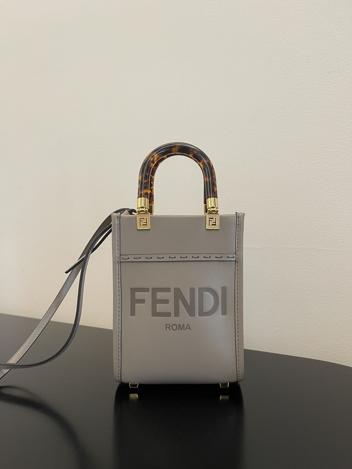 Replica Fendi Mini Sunshine Shopper Bag Gray Leahter with FENDI ROMA