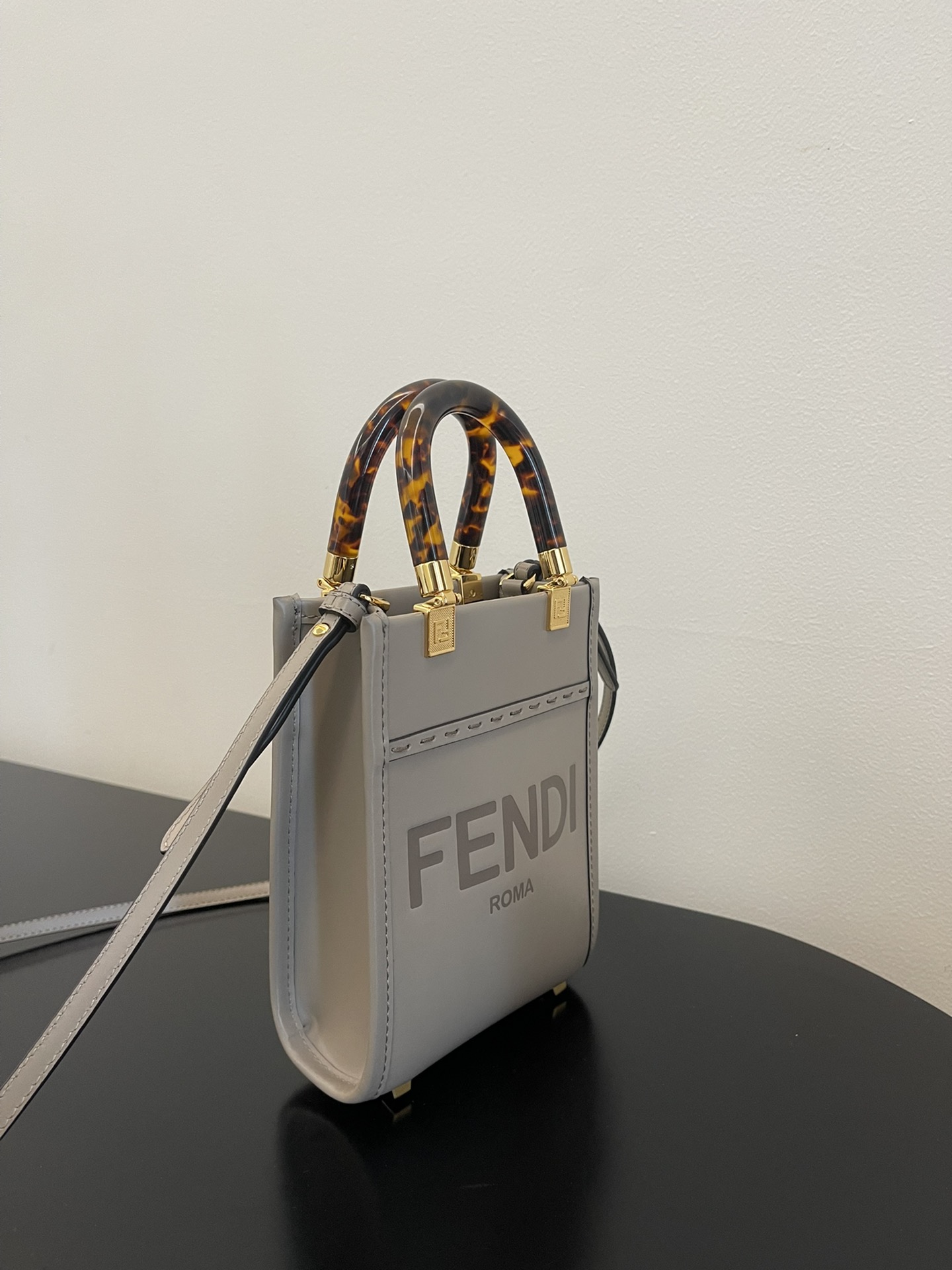 Replica Fendi Mini Sunshine Shopper Bag Gray Leahter with FENDI ROMA