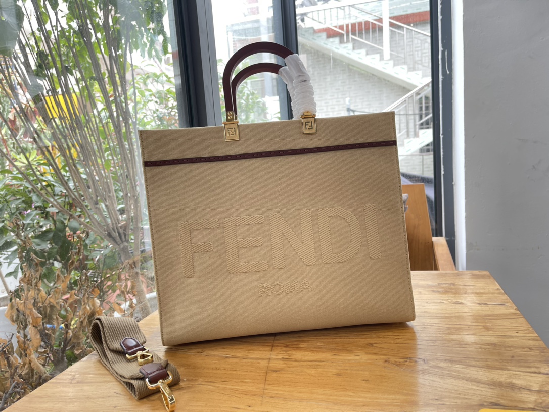 Replica Fendi Sunshine Shopper Bag Beige Canvas with FENDI ROMA Embroidery