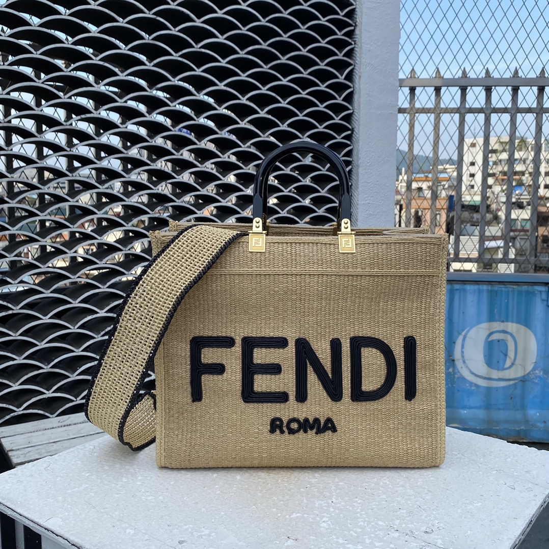 Replica Fendi Sunshine Shopper Bag Natural Colored Straw with FENDI ROMA Embroidery