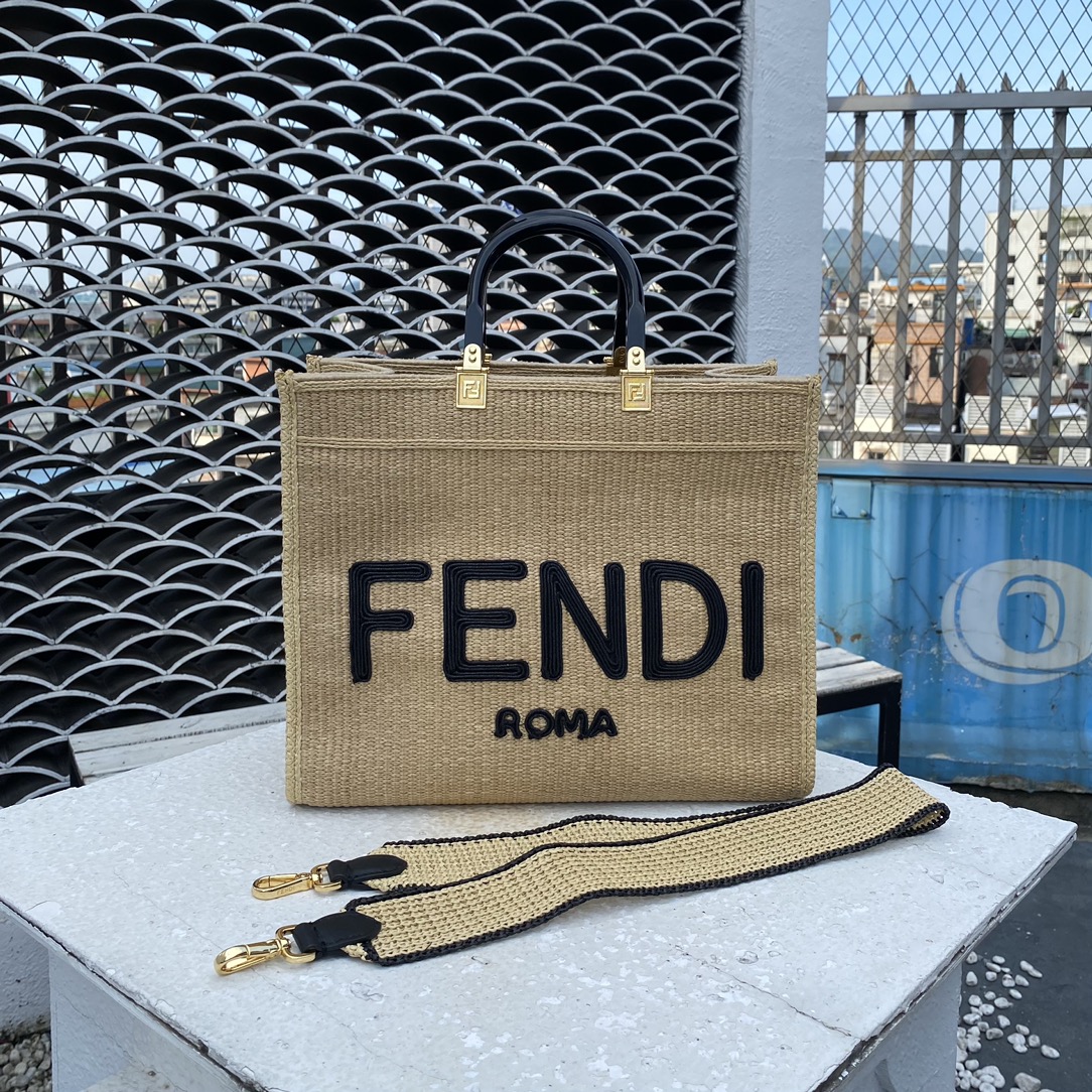 Replica Fendi Sunshine Shopper Bag Natural Colored Straw with FENDI ROMA Embroidery