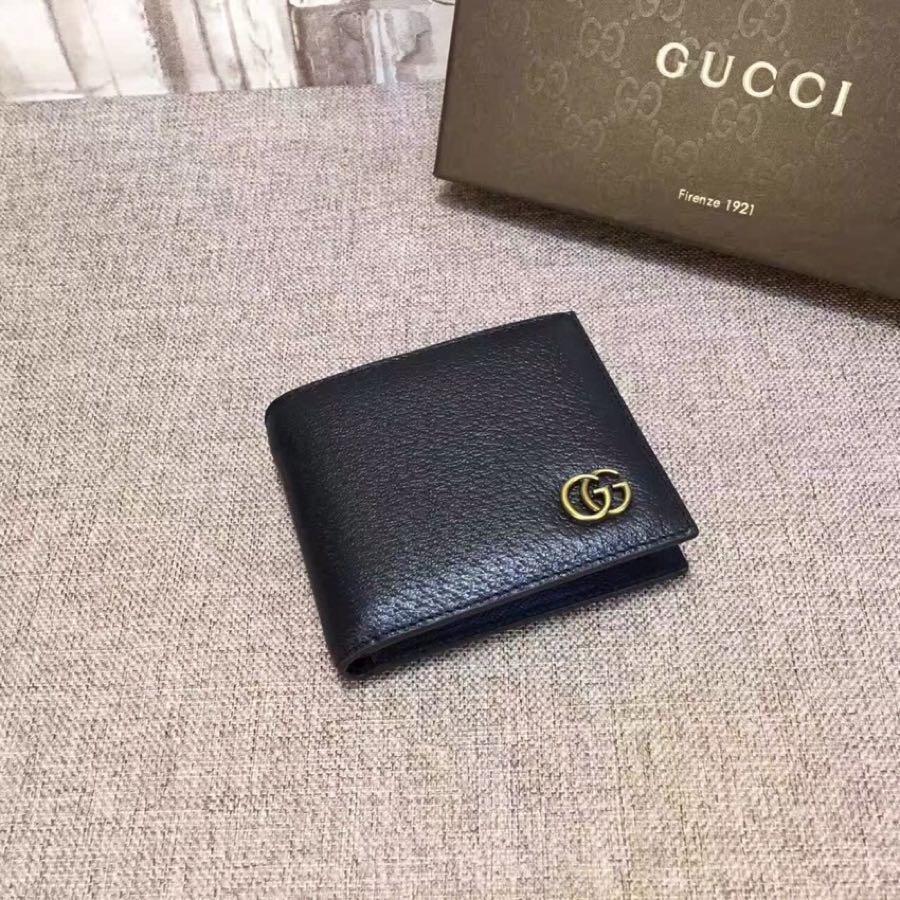 Replica Gucci 428725 Men Leather Wallet Double G Black Leather Gold-Toned Hardware