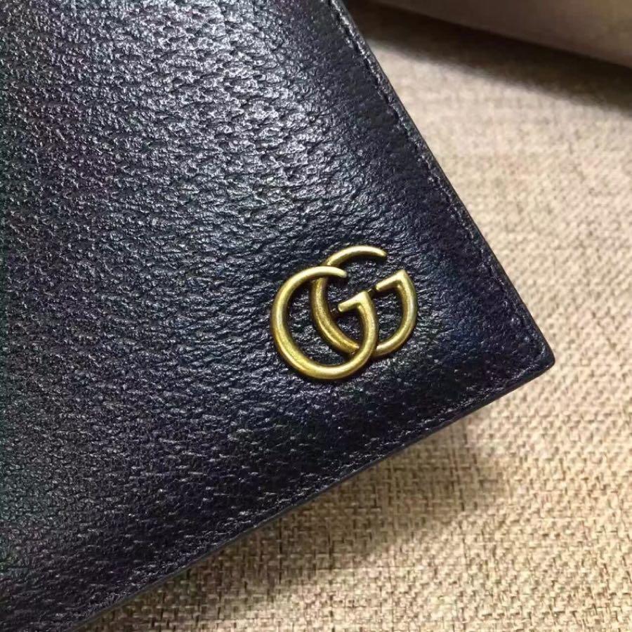 Replica Gucci 428725 Men Leather Wallet Double G Black Leather Gold-Toned Hardware