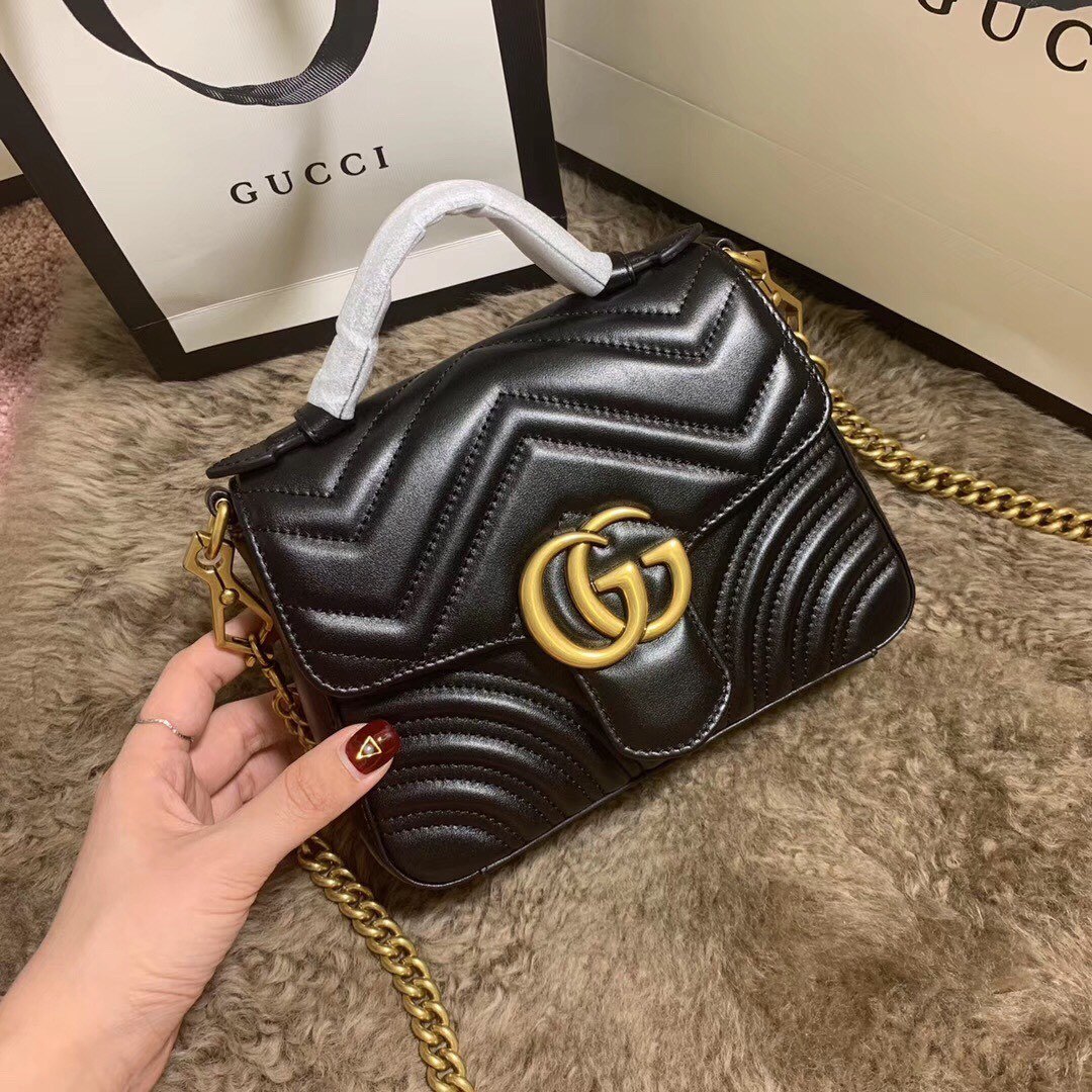 Replica Gucci 547260 GG Marmont Mini Top Handle Bag Black Chevron Leather