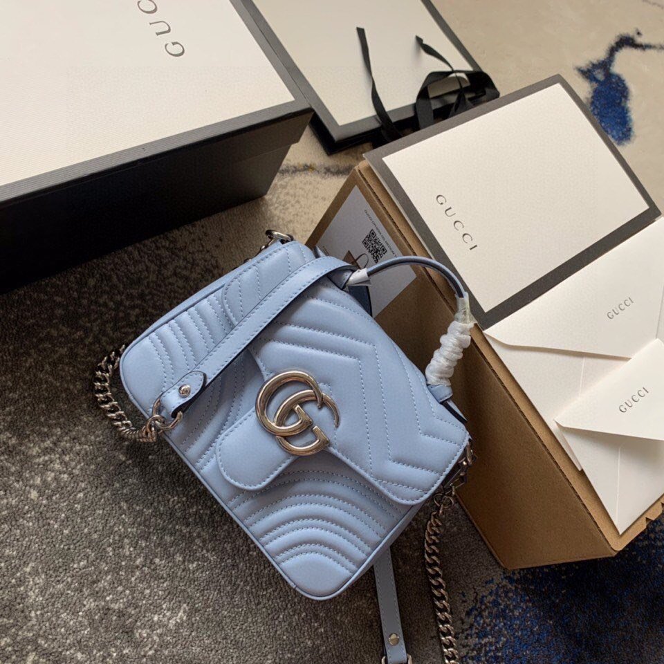 Replica Gucci 547260 GG Marmont Mini Top Handle Bag Blue Chevron Leather