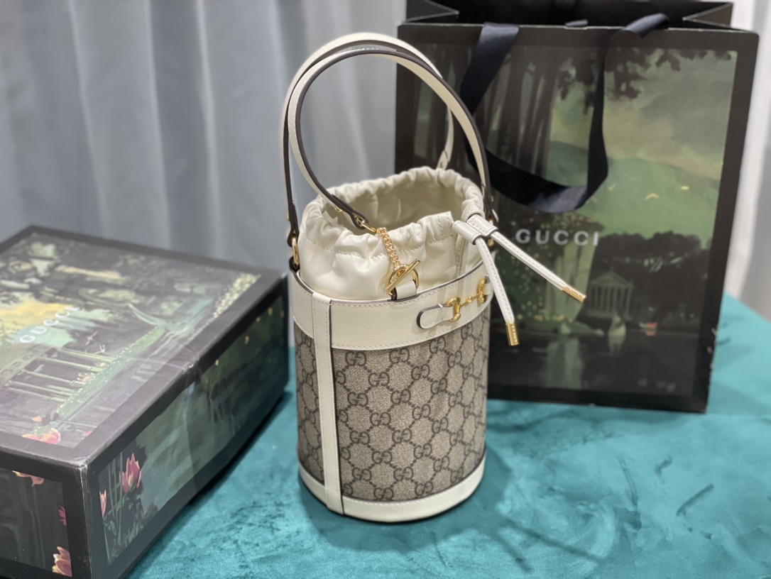 Replica Gucci Horsebit 1955 Small Bucket Bag White Canvas