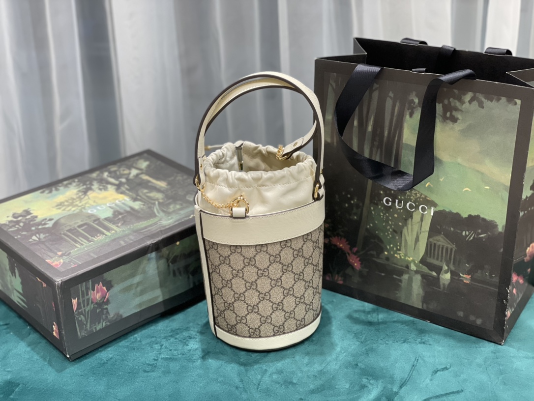 Replica Gucci Horsebit 1955 Small Bucket Bag White Canvas