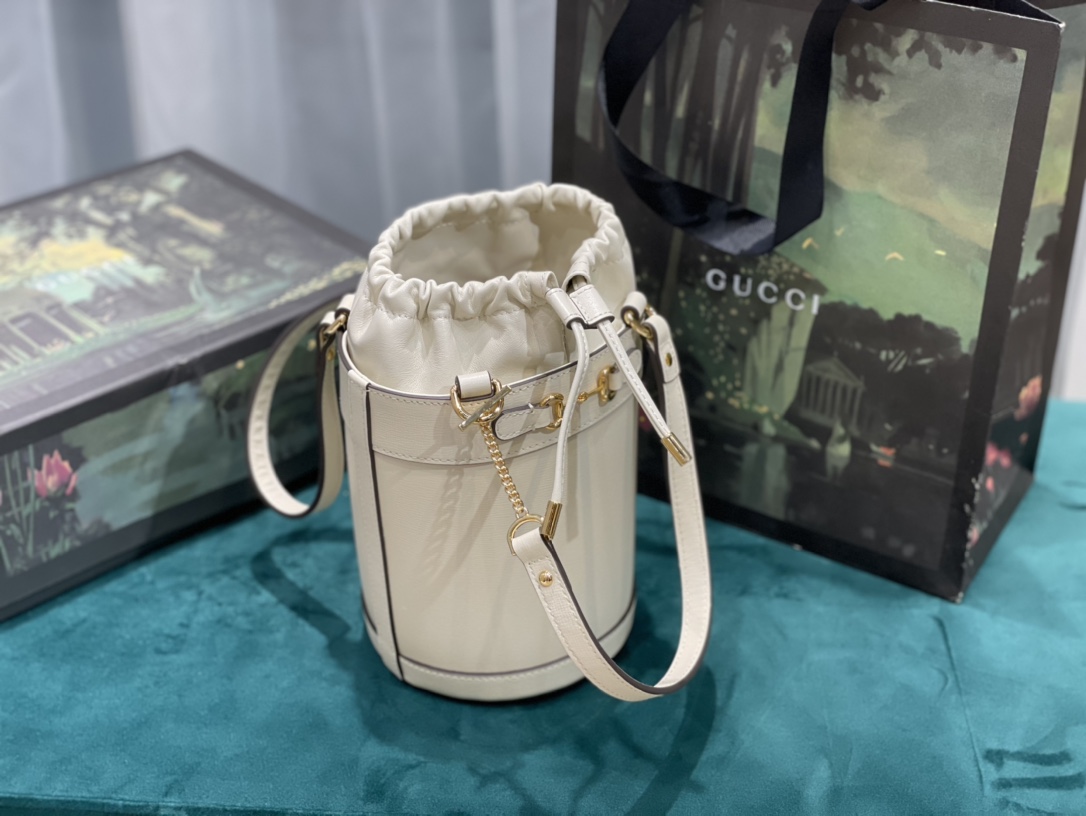 Replica Gucci Horsebit 1955 Small Bucket Bag White Leather