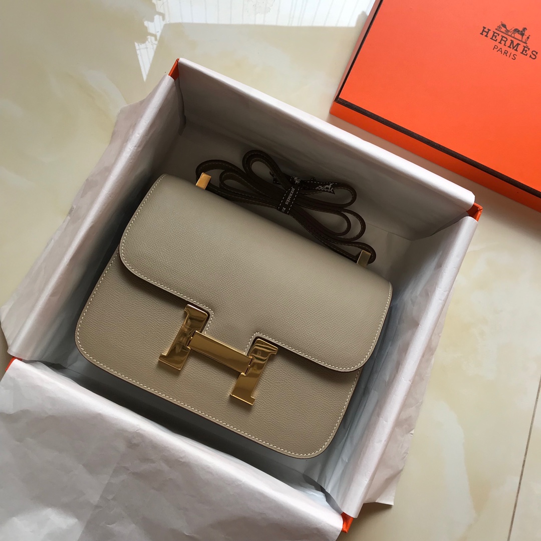 Replica Hermes Constance Bag Epsom Leather Light Gray Wiht Gold 19cm and 23cm