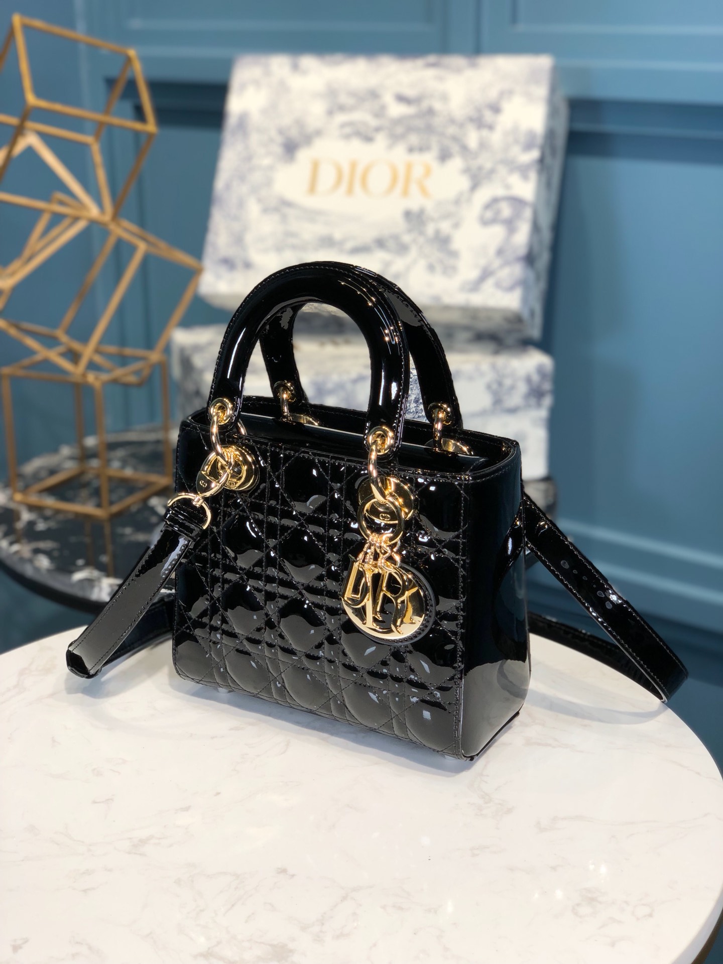 Replica Lady Dior Calfskin Bag Adjustable Shoulder Strap With Gold-Tone Metal Black