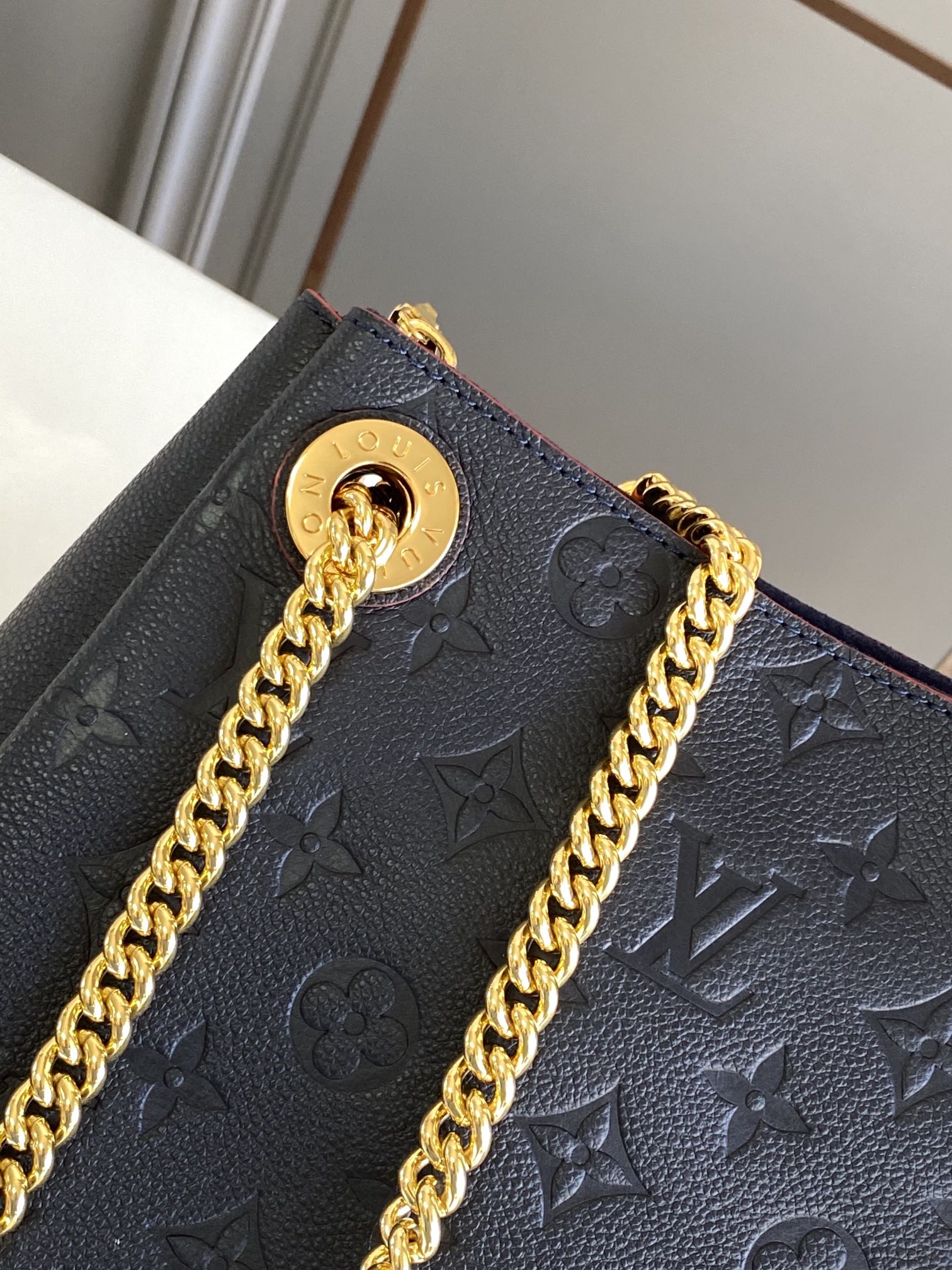 Replica Louis Vuitton M43750 Surene BB Chain Tote Handbag in Monogram Empreinte Leather Blue