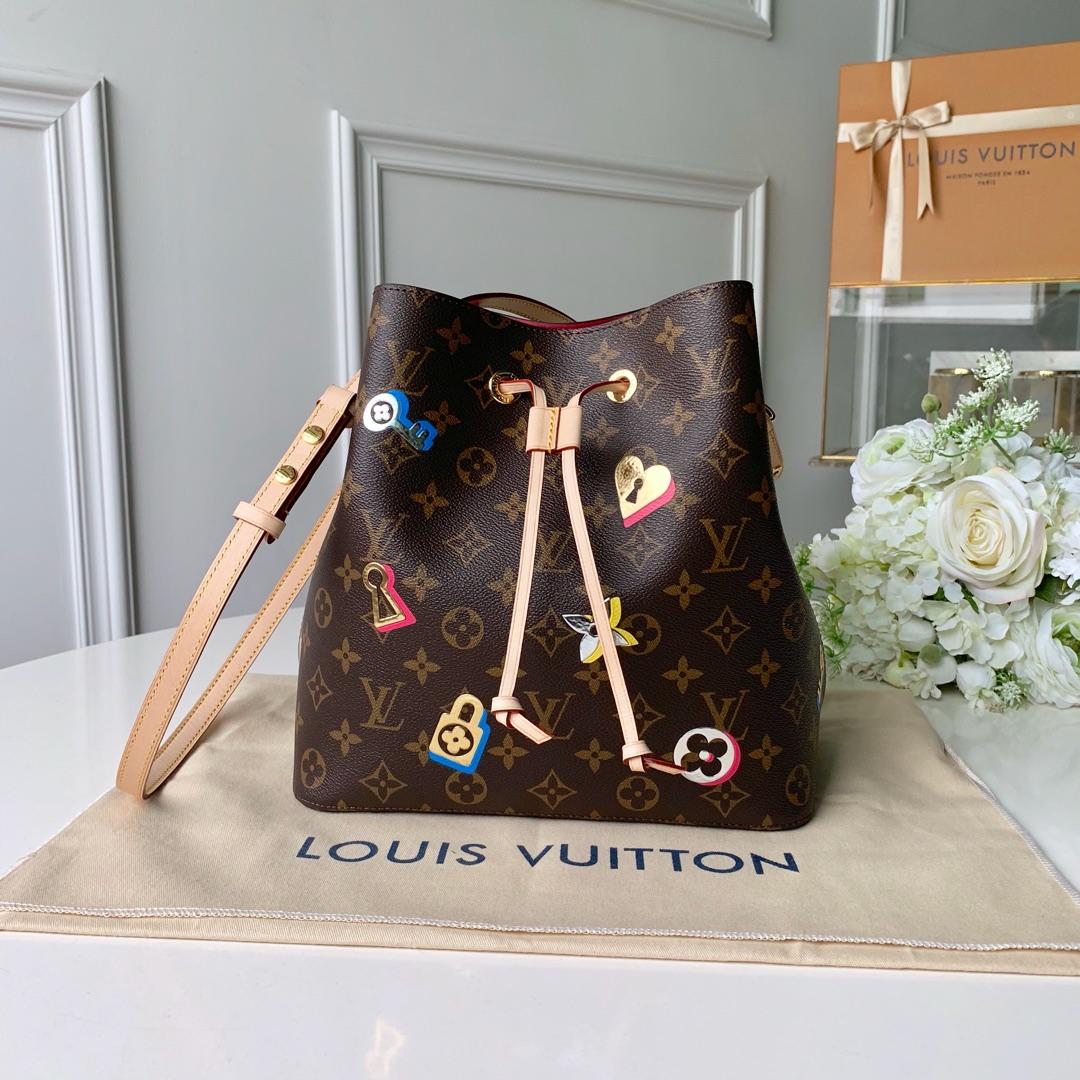 Replica Louis Vuitton M44369 NeoNoe Monogram Coated Canvas with Gold- or Silver-Tone Fused Metallic-Foil Motifs