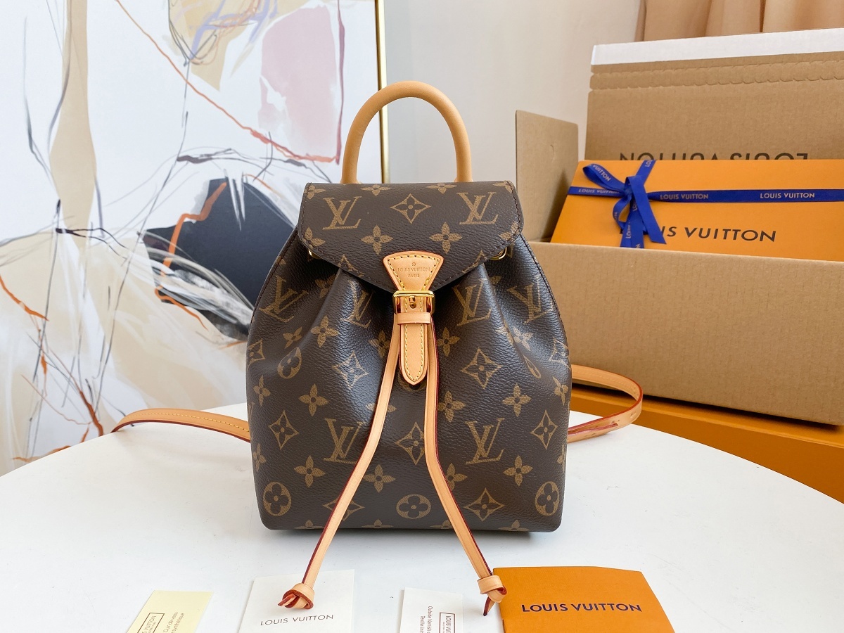 Replica Louis Vuitton M45502 Montsouris BB Backpack in Classic Monogram Canvas and Black Cowhide Leather