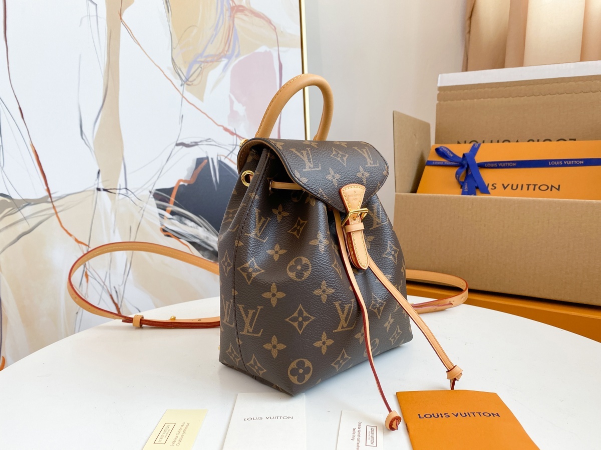 Replica Louis Vuitton M45502 Montsouris BB Backpack in Classic Monogram Canvas and Black Cowhide Leather