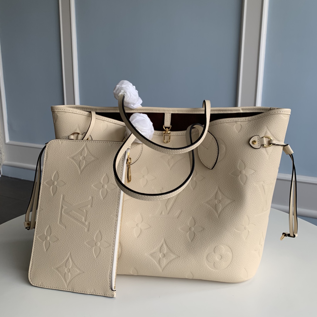 Replica Louis Vuitton M45684 Neverfull MM Tote Embossed Cowhide Leather Cream