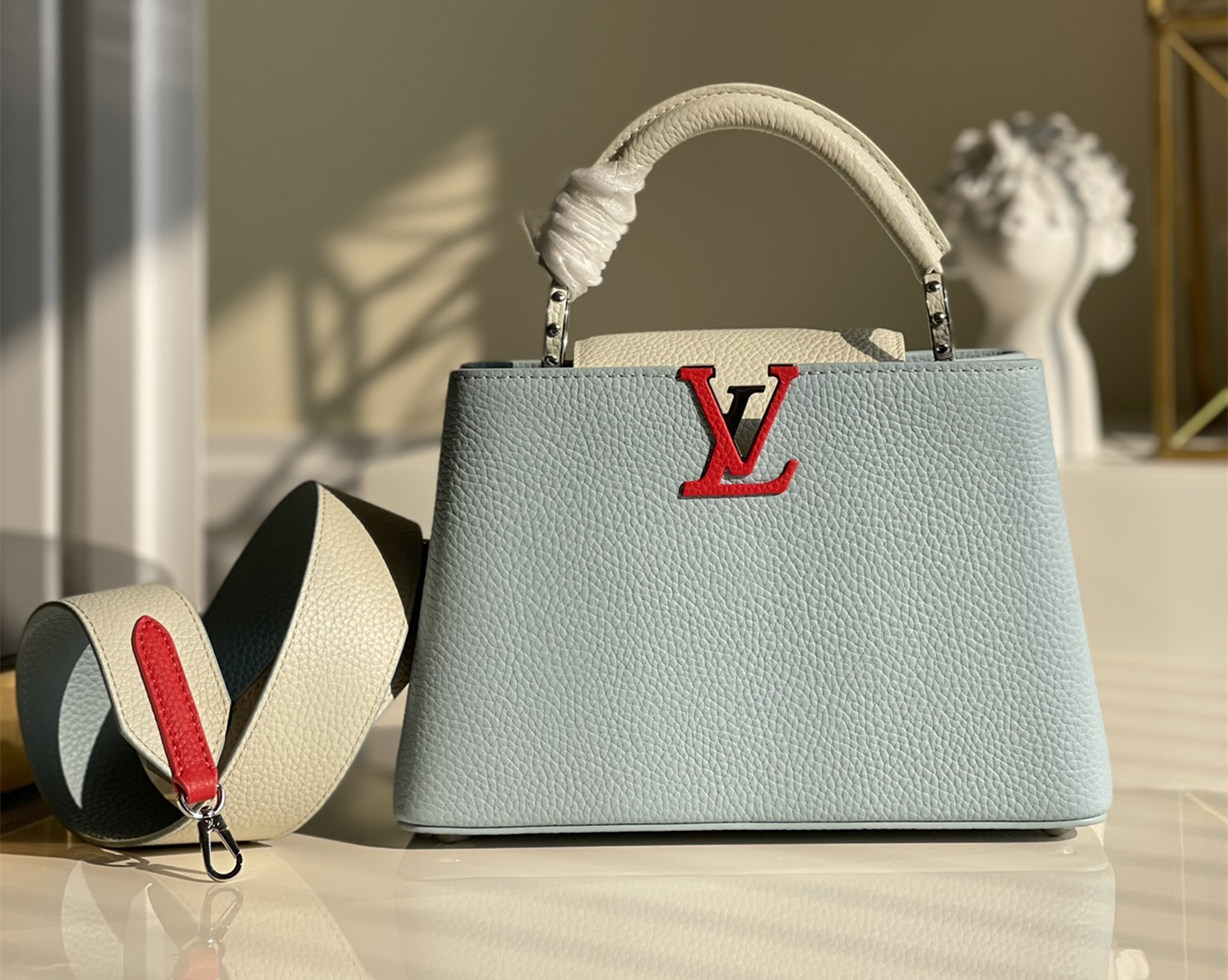 Replica Louis Vuitton M548865 Capucines BB Handbag Olympe Blue Red White Taurillon Leather