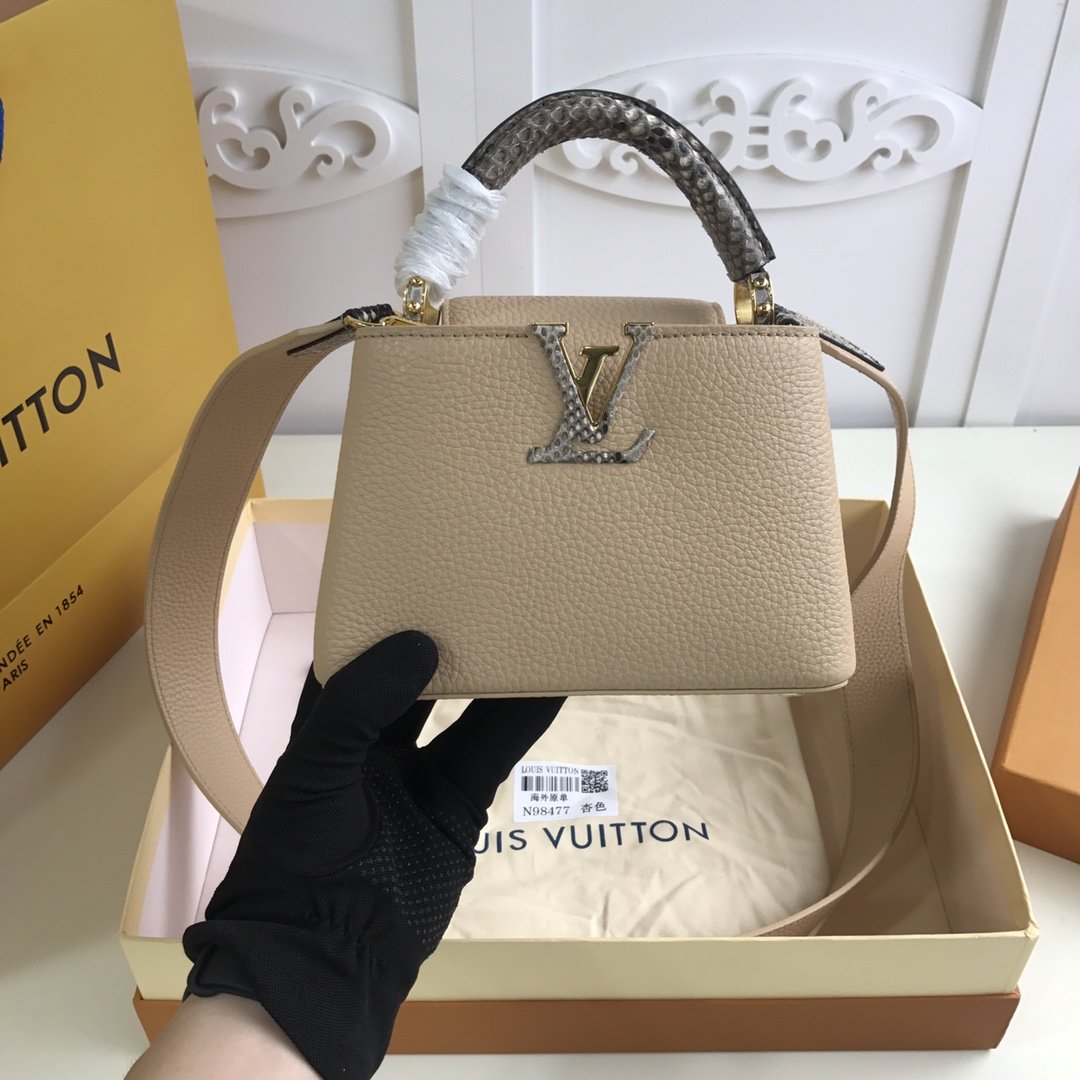 Replica Louis Vuitton M55923 Mini Capucines Taurillon Leather in Blue with Handle Wrapped in Natural Python Leather