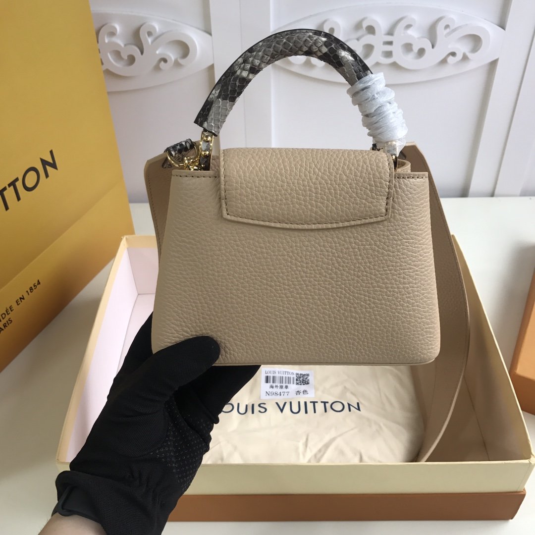 Replica Louis Vuitton M55923 Mini Capucines Taurillon Leather in Blue with Handle Wrapped in Natural Python Leather