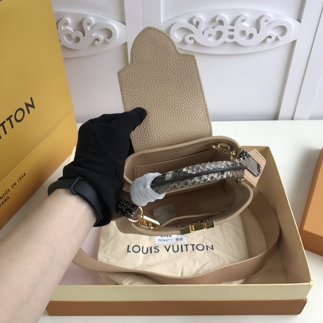 Replica Louis Vuitton M55923 Mini Capucines Taurillon Leather in Blue with Handle Wrapped in Natural Python Leather