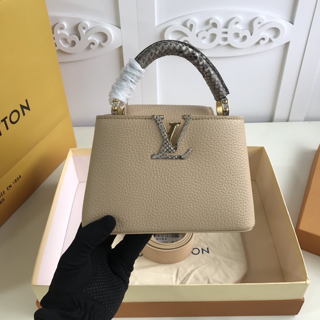 Replica Louis Vuitton M55923 Mini Capucines Taurillon Leather in Blue with Handle Wrapped in Natural Python Leather