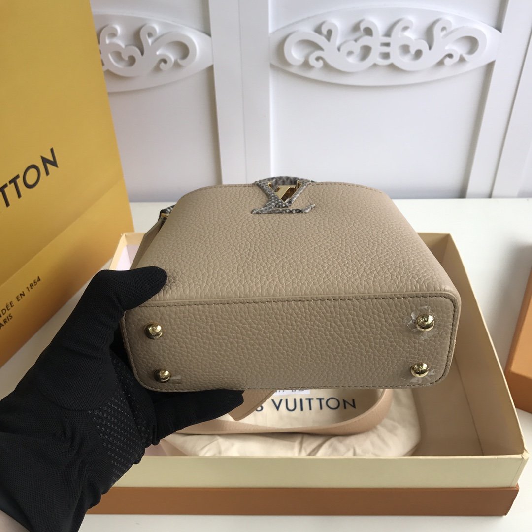 Replica Louis Vuitton M55923 Mini Capucines Taurillon Leather in Blue with Handle Wrapped in Natural Python Leather