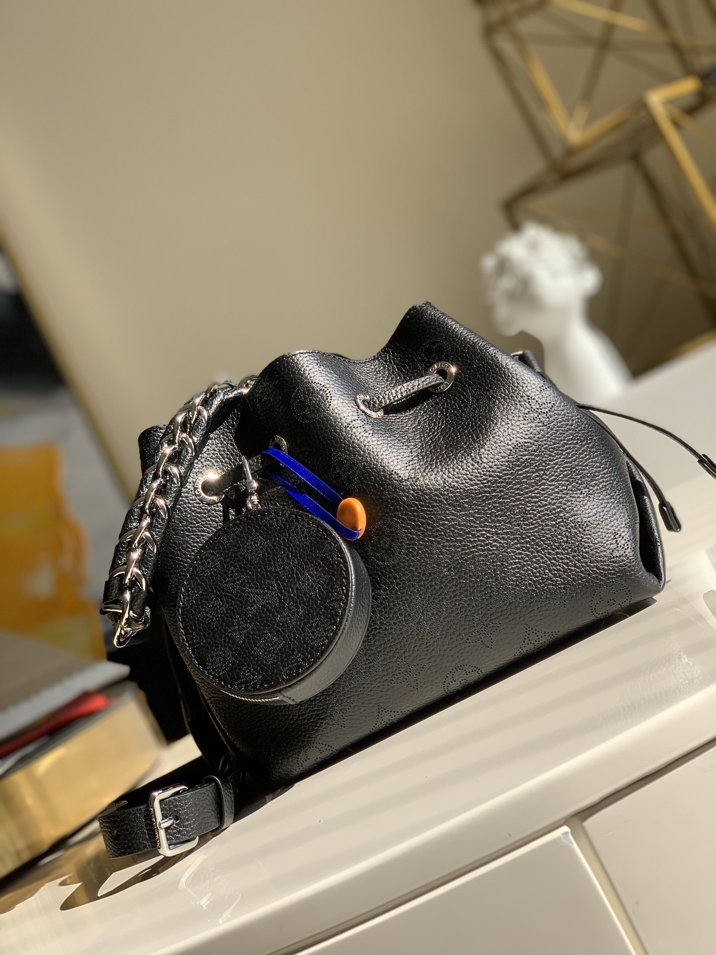 Replica Louis Vuitton M57070  Bella Bucket Bag in Mahina Calf Leather wite Perforated Monogram Pattern Black